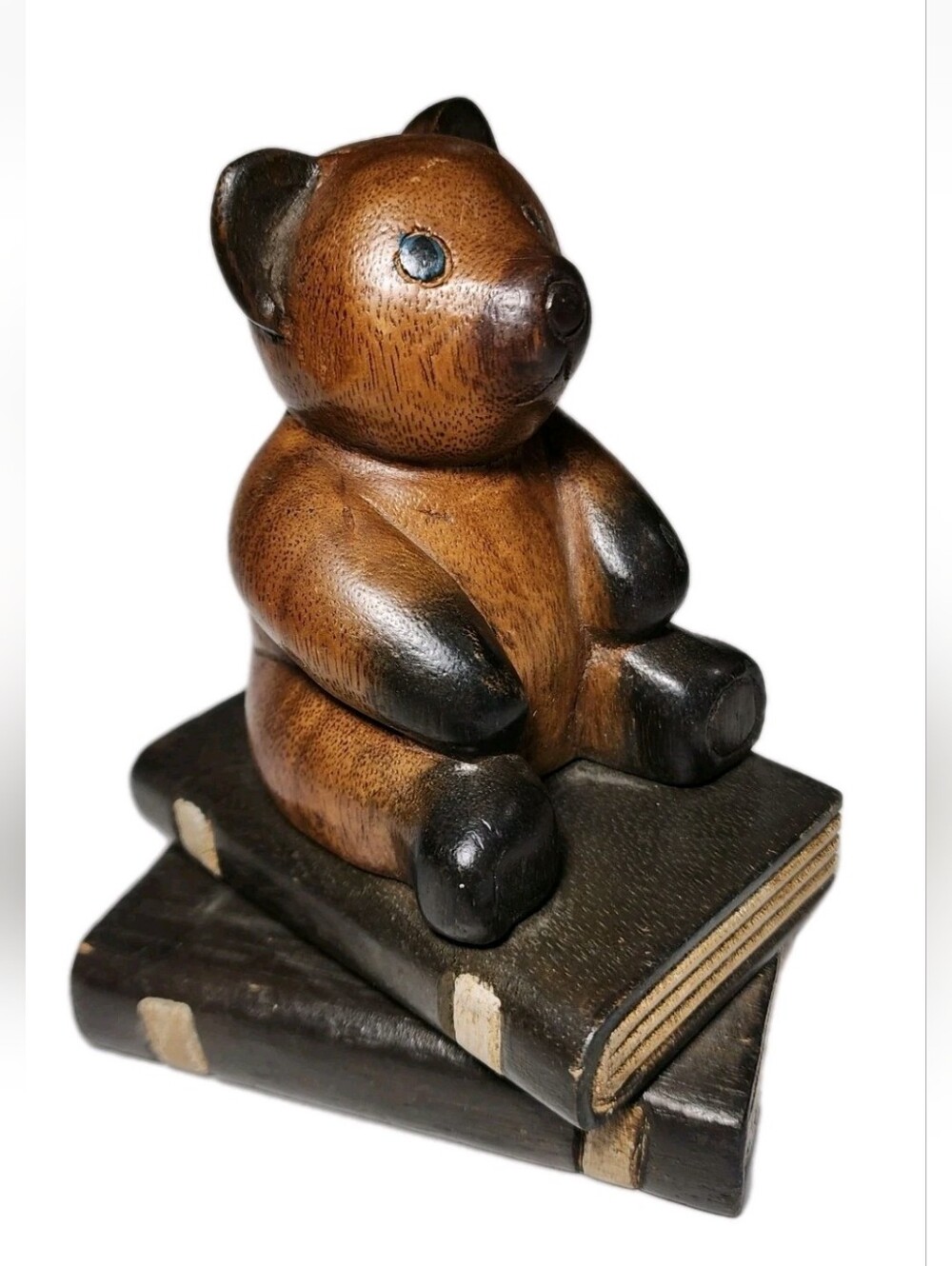 Carved Wood Bear Koala On Books Blue Eyes Figurine Teddy Bears 6" Reading Koalas